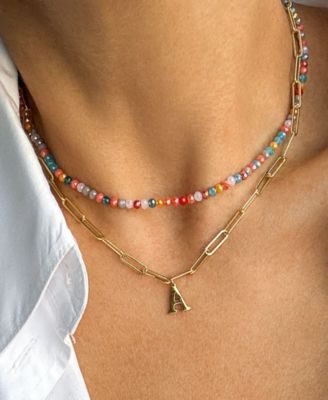 Gold Adjustable Layered Color Faux Stone Beads and Paperclip Chain Initial Necklace