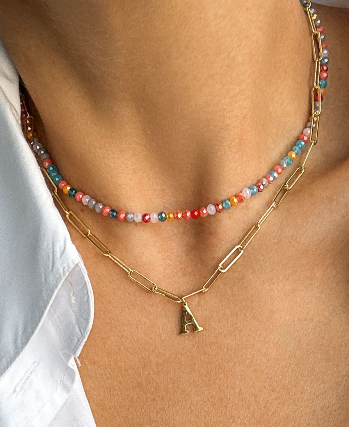 Adornia Gold Adjustable Layered Color Faux Stone Beads And Paperclip Chain Initial Necklace In Letter X