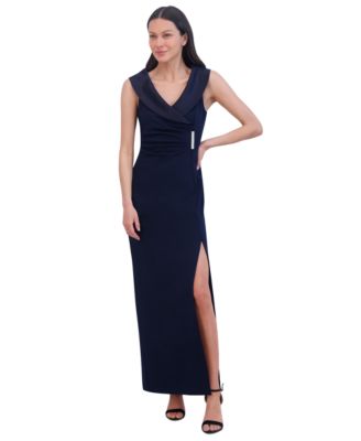 Jessica Howard - Petite Collared Side-Slit Long Gown