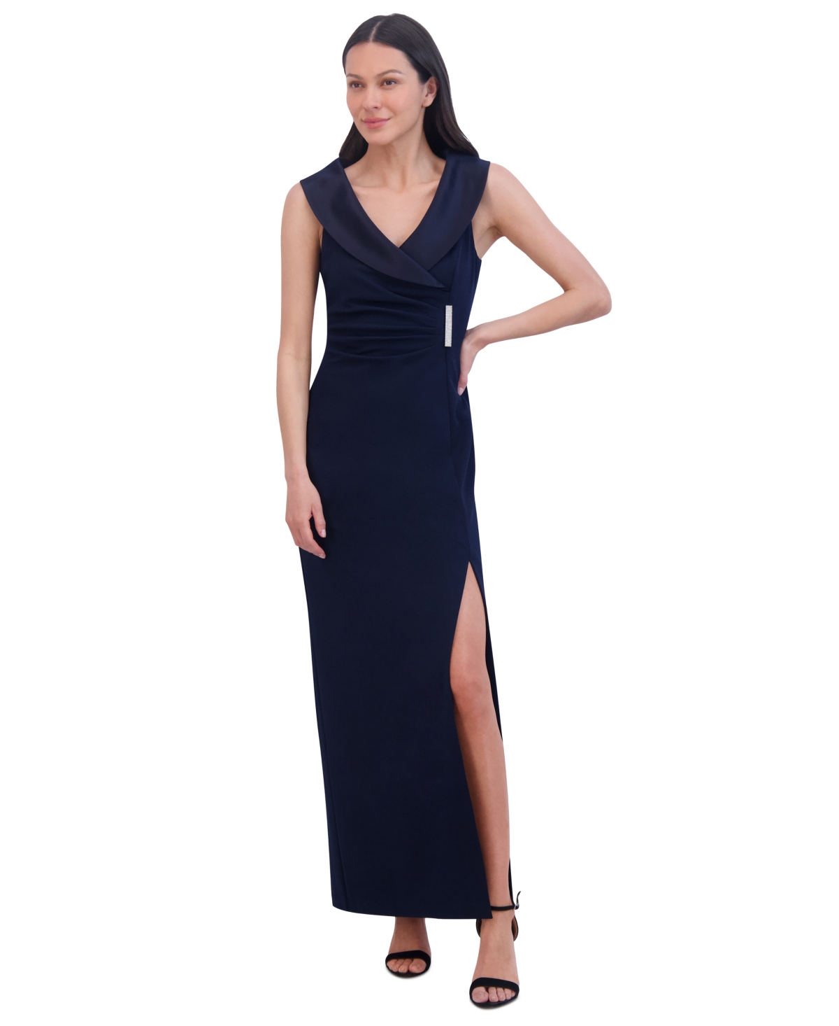 Petite Collared Side-Slit Long Gown - Navy
