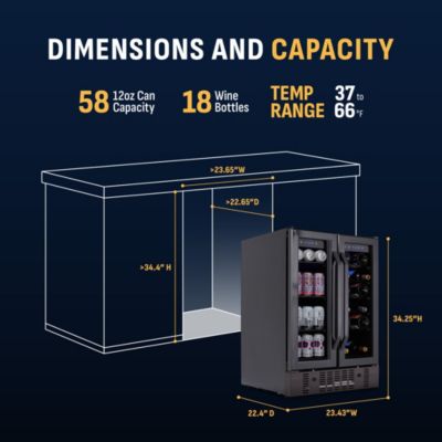 24" Wine & Beverage Refrigerator, 18-Bottle & 60-Can Capacity, Built-in Dual Zone Cooler with French Doors