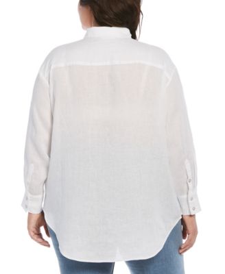 Plus Size 100% Linen Easy Long Sleeve Button-Down Shirt