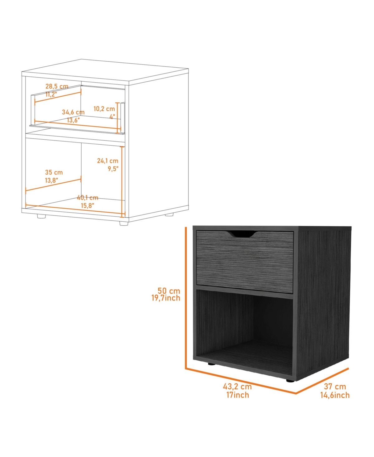 Fm Furniture Elliott Nightstand with Elegant Drawer and Open Shelf