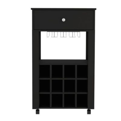 Ace Bar Cart, With Twelve Built-in Wine Rack, Casters, Drawer, Glass Rack-Black