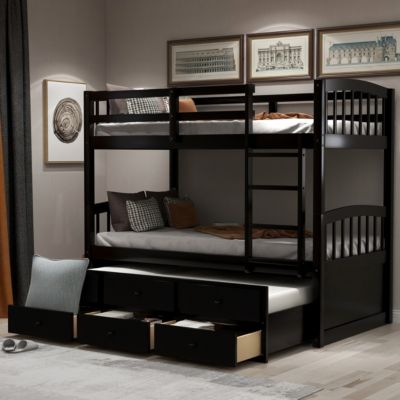 Twin Bunk Bed with Ladder, Rail, Trundle and Drawers