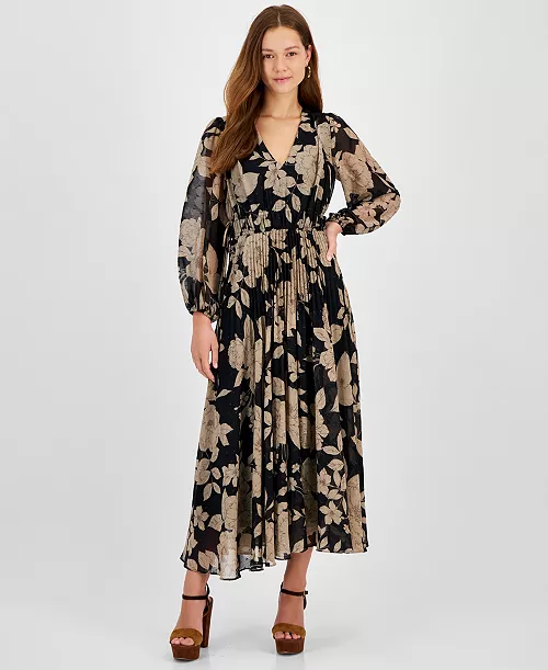 women's floral chiffon v-neck pleated dress