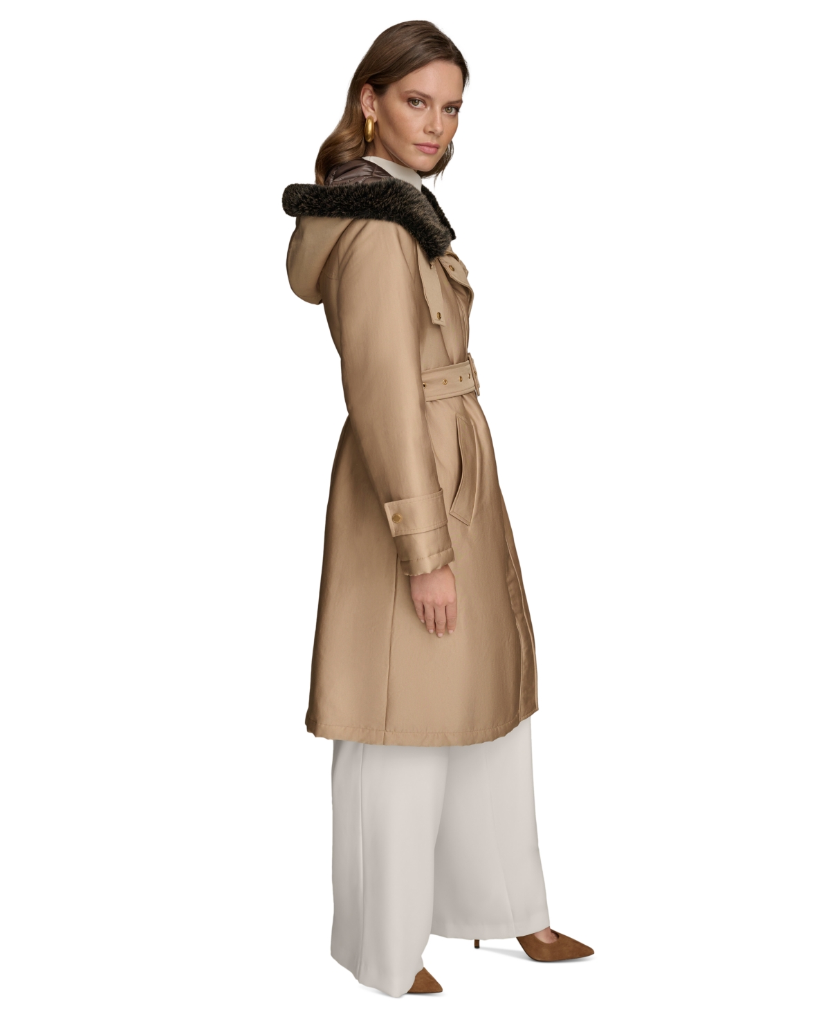 Donna Karan New York Women's Faux-Fur-Trim Hooded Raincoat