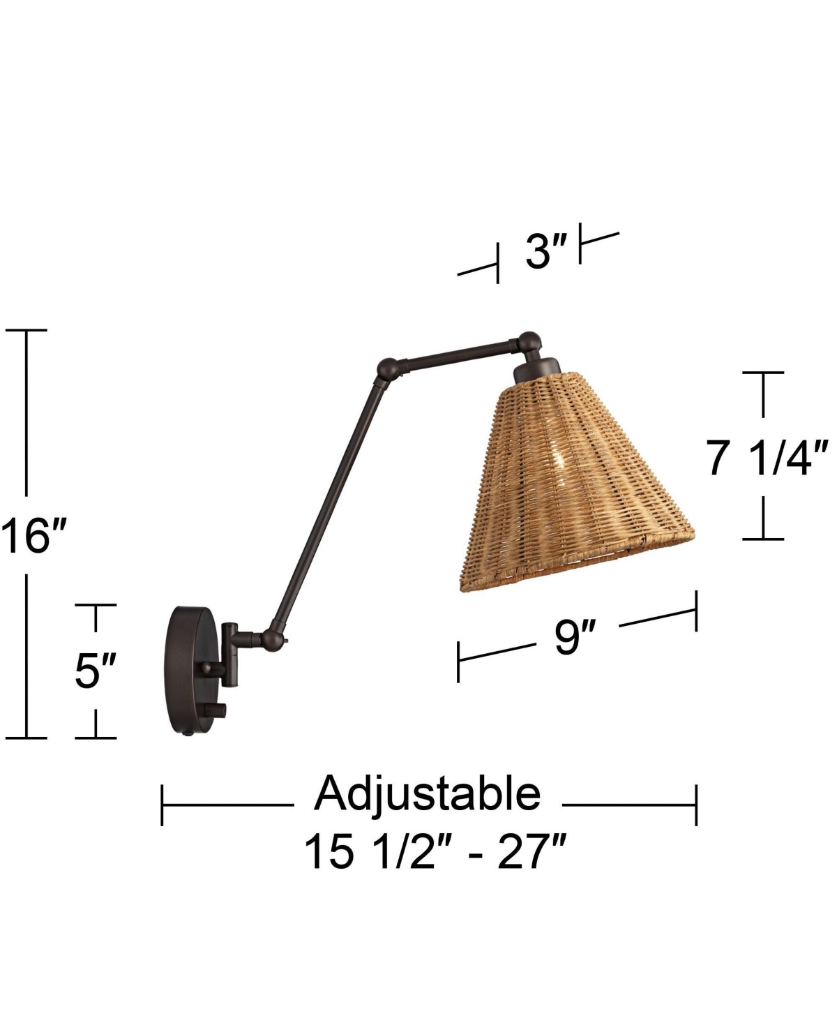 Barnes and Ivy Rowlett Cottage Swing Arm Adjustable Wall Mounted Lamp with Cord Bronze Plug-In Light Fixture Natural Rattan Shade for Bedroom Bedside