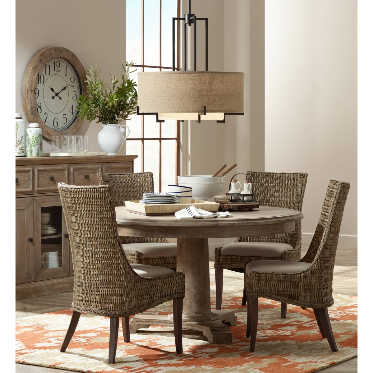 Possini Euro Design Concentric Bronze Pendant Chandelier Lighting Wide Farmhouse Rustic White Glass Burlap Drum Shade 4-Light Fixture for Dining R