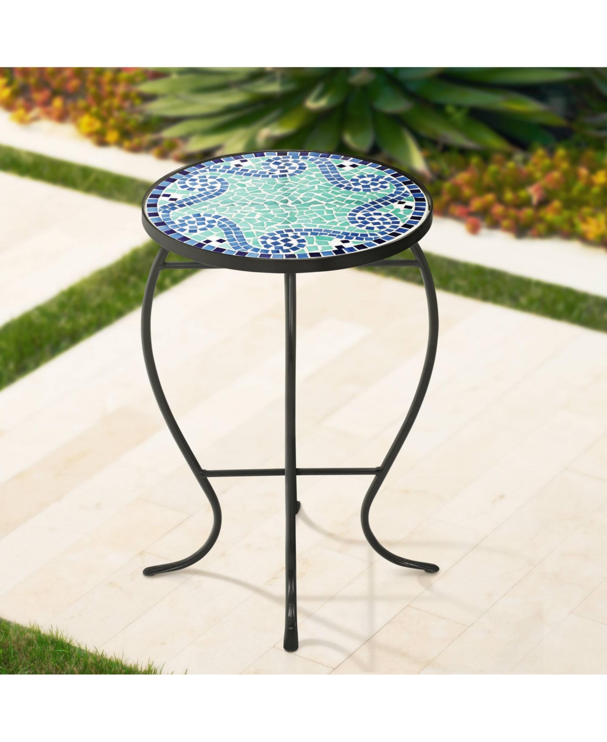 Ocean Wave Black Metal Round Outdoor Accent Side Tables Wide Set of 2Mosaic Tile Tabletop Gracefully Curved Legs for Spaces Porch Patio Home