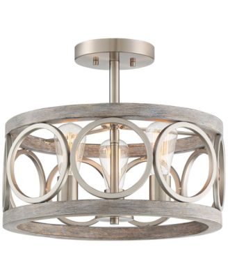 Semi Flush Mount 16" Wide Brushed Nickel Gray Wood 3-Light LED Salima Rustic Farmhouse Ceiling Light
