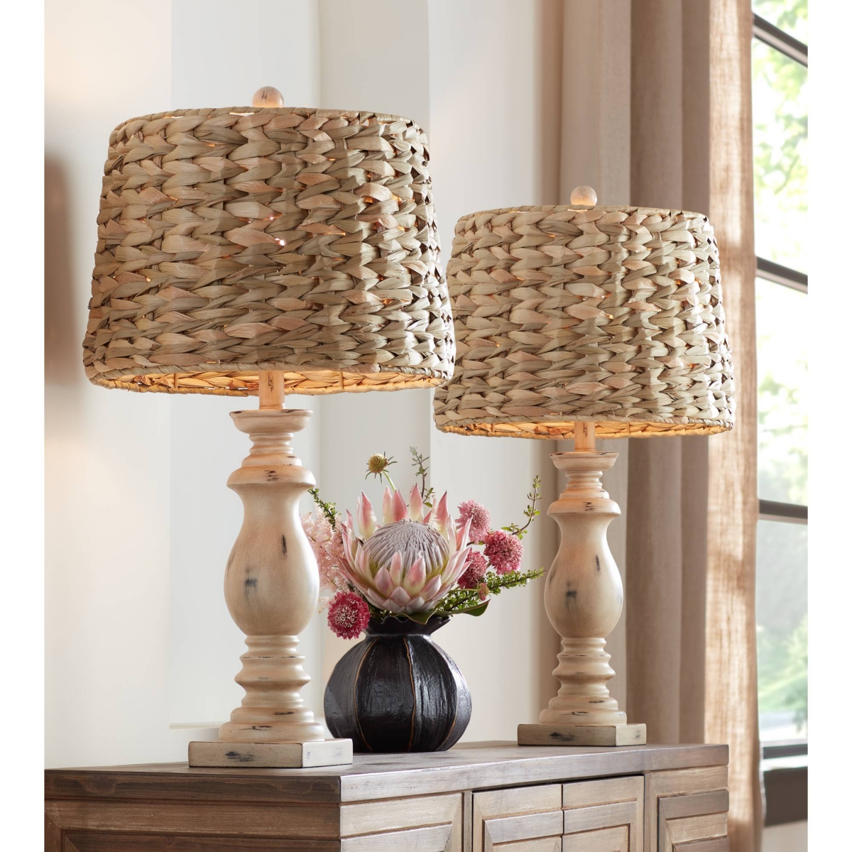 Carlisle Modern Coastal Cottage Tropical Table Lamps High Set of 2 Beige Sea Grass Tapered Drum Shade Decor for Living Room Bedroom House Bedsid