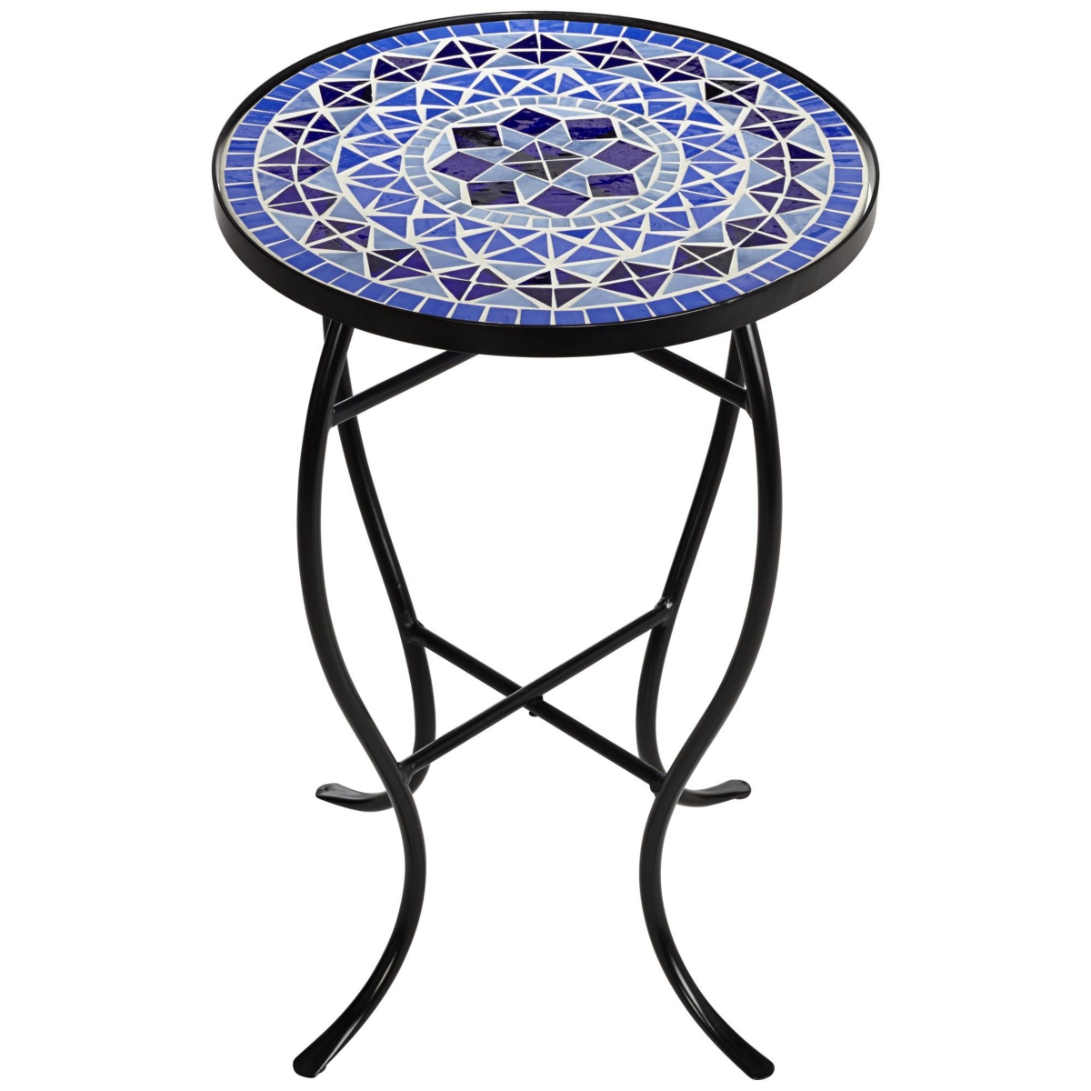 Cobalt Modern Black Metal Round Outdoor Accent Side Table 14" Wide Light Blue Mosaic Tile Tabletop Gracefully Curved Legs for Spaces Porch Patio Home