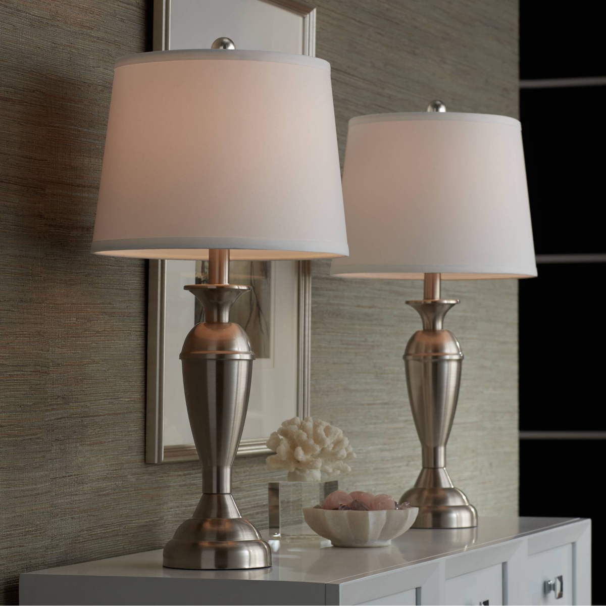 Blair Traditional Table Lamps Tall Set of 2 Brushed NickelMetal Candlestick White Drum Shade for Bedroom Living Room House Home Bedside Ni