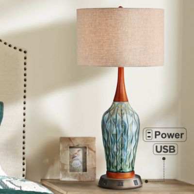 Mid Century Modern Table Lamp with USB and AC Power Outlet Workstation Charging Base 30" Tall Blue Ceramic Bedroom (Color May Vary)