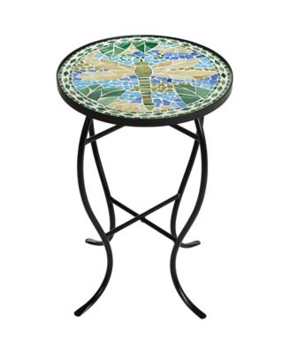 Dragonfly Scene Black Metal Round Outdoor Accent Side Tables 14" Wide Set of 2 Blue Mosaic Tile Tabletop Gracefully Curved Legs Spaces Porch Patio Home House Balcony Deck Shed - Teal Island Designs