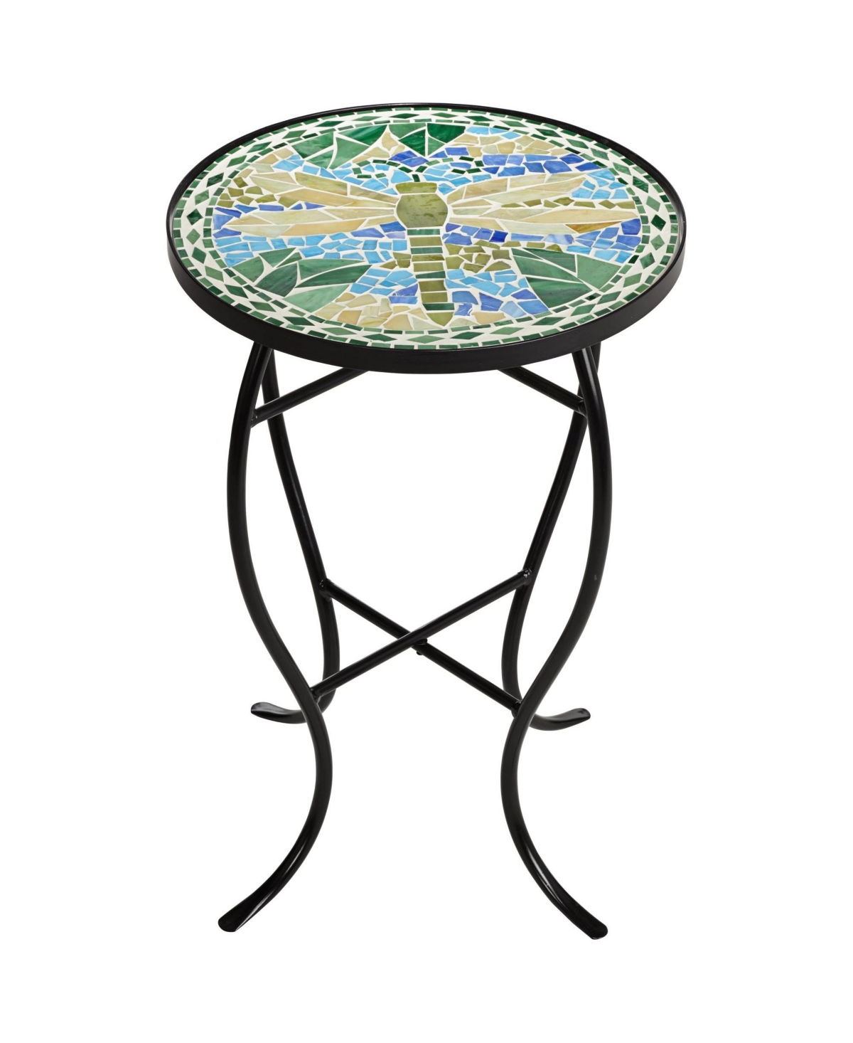 Dragonfly Scene Black Metal Round Outdoor Accent Side Tables Wide Set of 2 Blue Mosaic Tile Tabletop Gracefully Curved Legs Spaces Porch Patio Hom