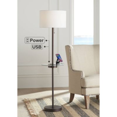 Caper Modern Floor Lamp with Tray Table 60 1/2" Tall Bronze USB and AC Power Outlet Off White Fabric Drum Shade for Living Room Office