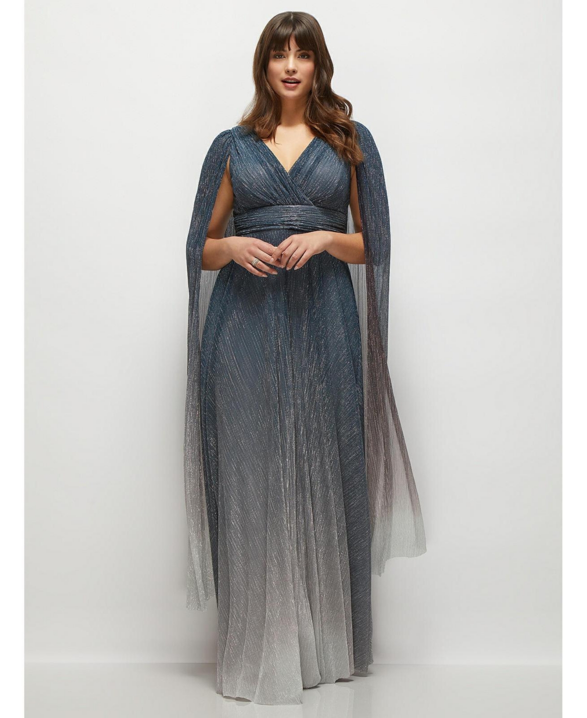 Plus Size Streamer Sleeve Ombre Pleated Metallic Maxi Dress - Cosmic blue