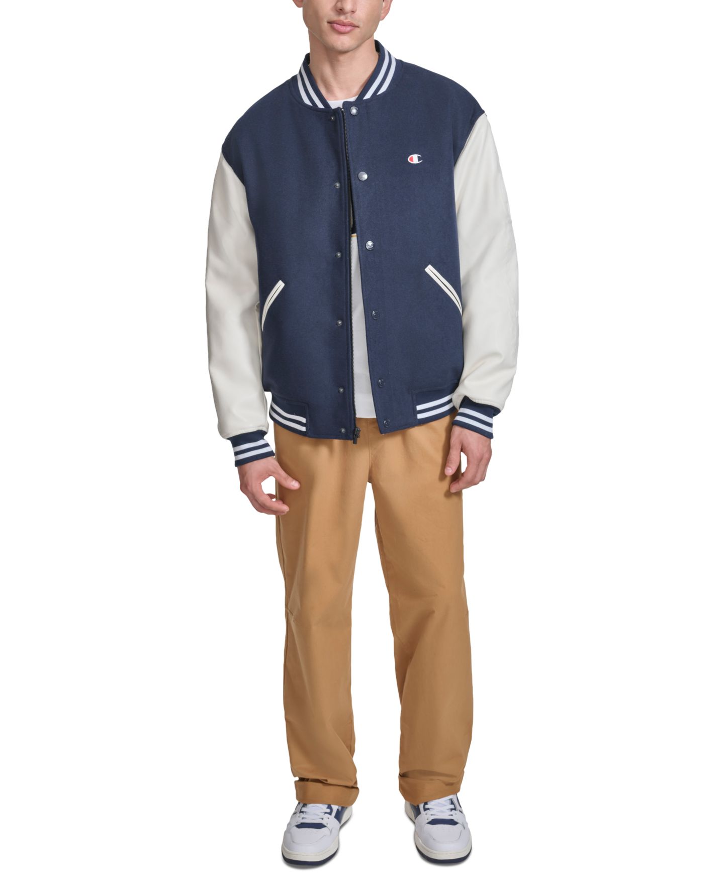 Мужская куртка Champion Colorblocked Mixed-Media Varsity, цвет: Тёмно-синий / Белый — фото 6