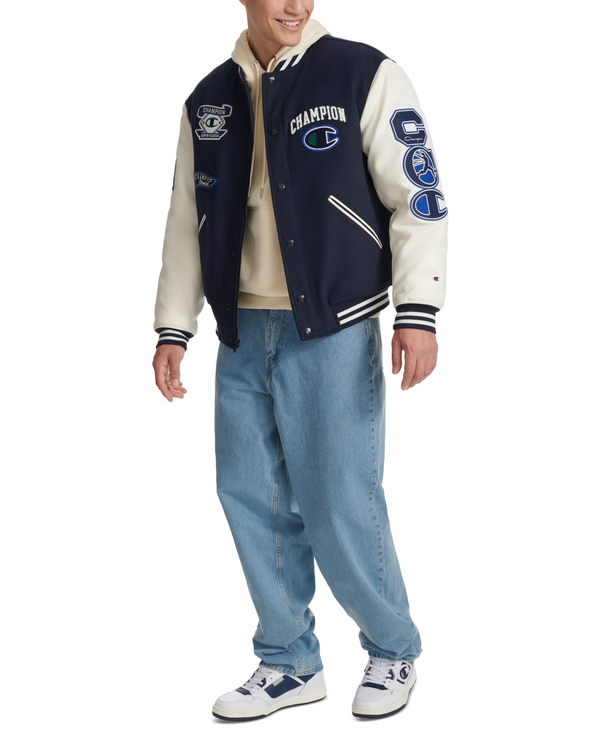 Champion Men's Logo-Patch Mixed-Media Varsity Jacket -White