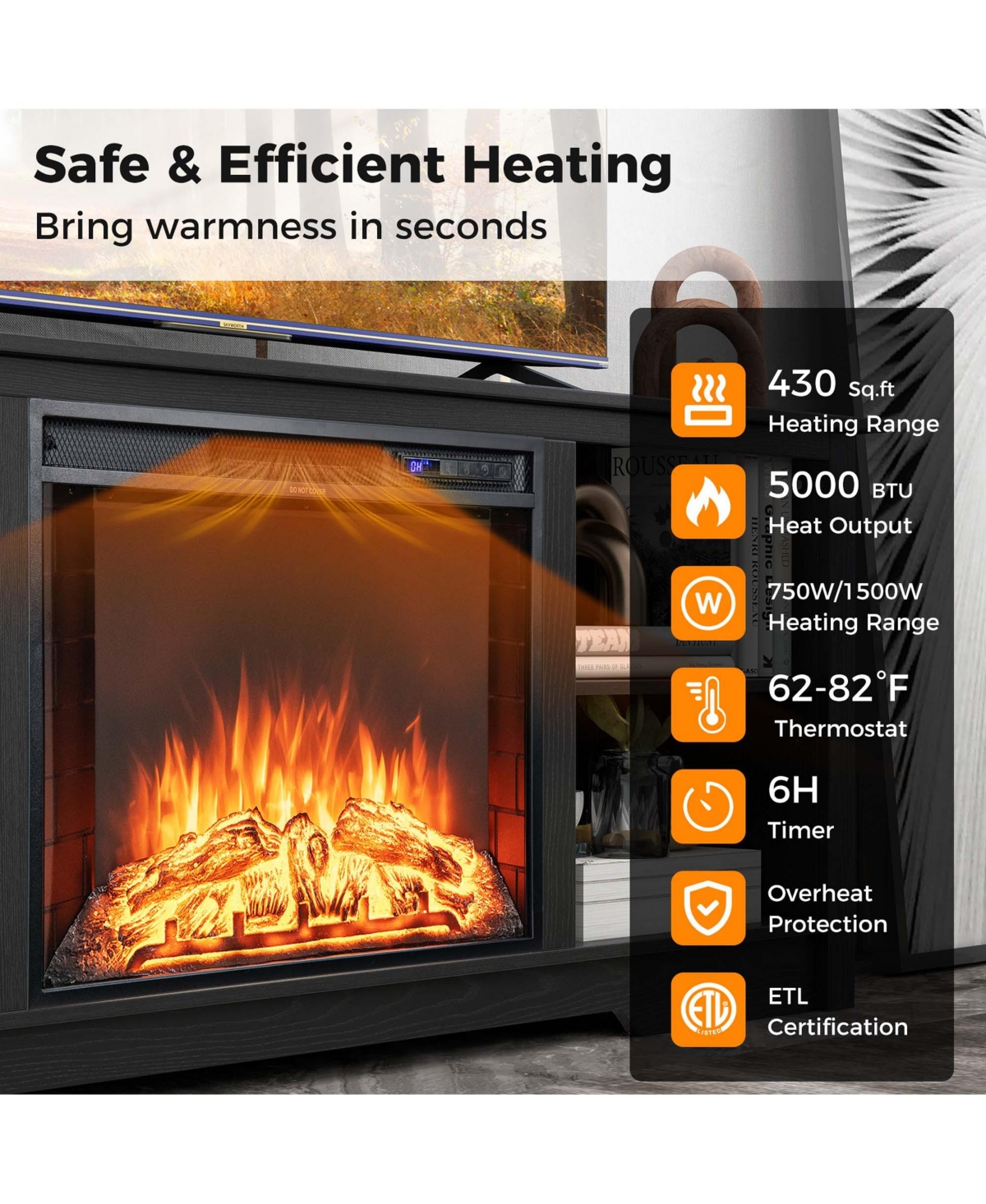 70" Tv Stand with 26" Electric Fireplace Insert Remote Control for 75"