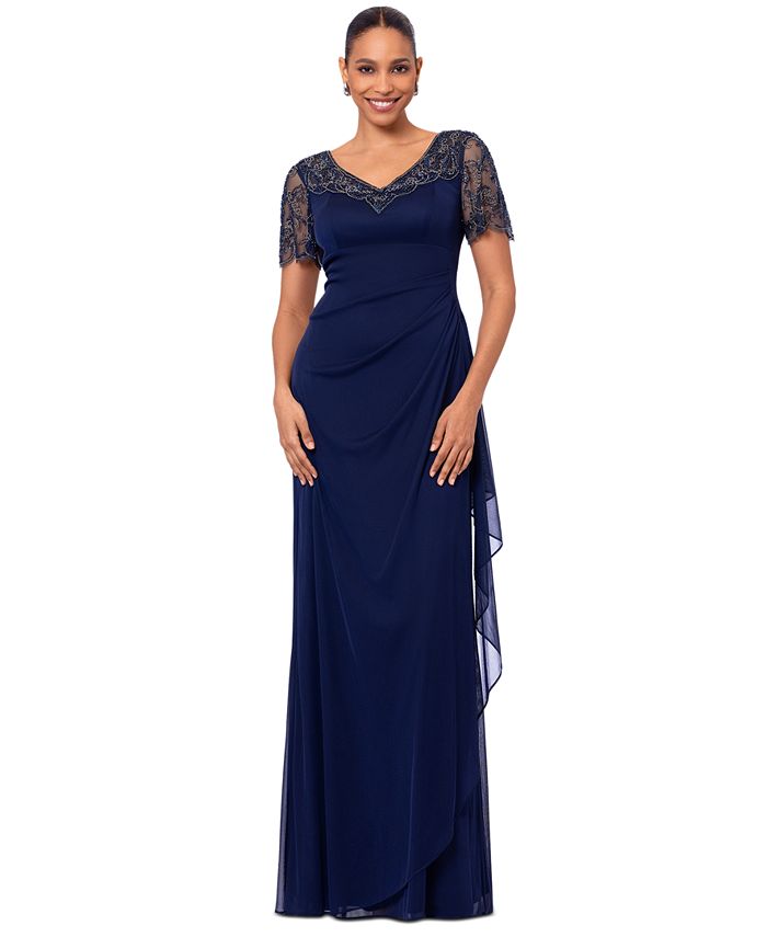 XSCAPE Petite Beaded Scallop-Sleeve Cascading Dress - Macy's