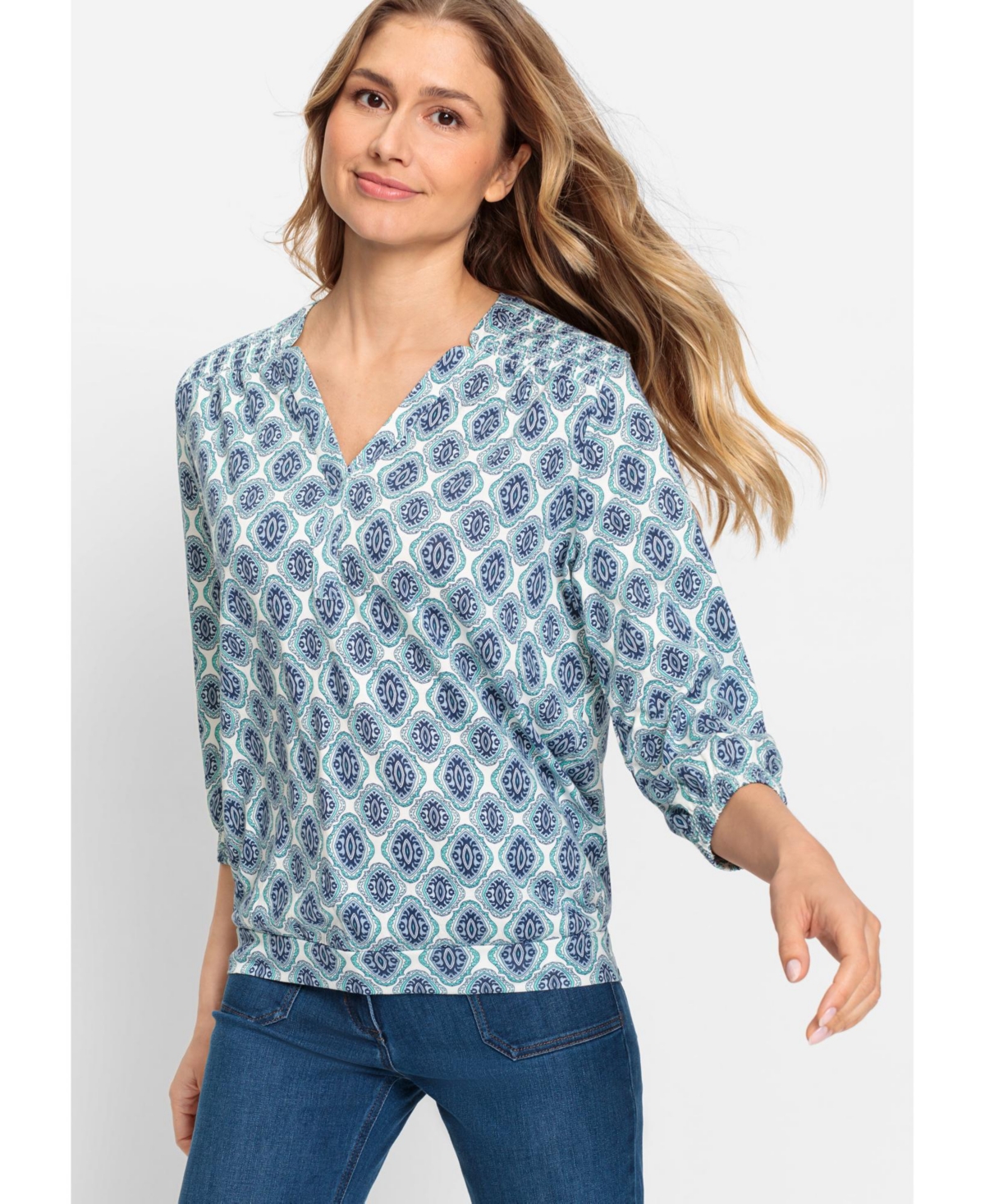 Olsen Women's Cotton Blend 3/4 Sleeve Ornamental Print Tunic T-Shirt