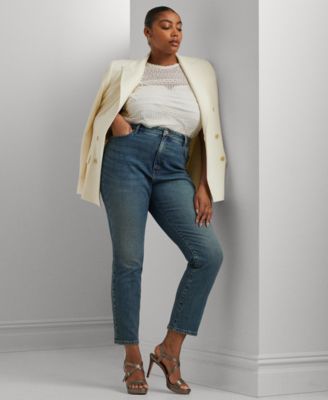 Plus Size Double Breasted Blazer Lace Top Ankle Jeans