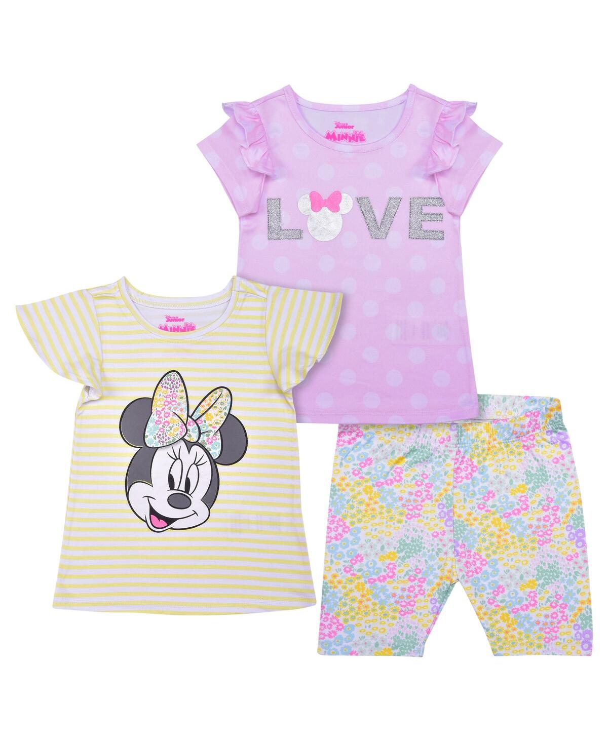 Children's Apparel Network Girls Preschool Minnie Mouse Yellow/pink 3-piece T-shirt And Shorts Set In Yellow