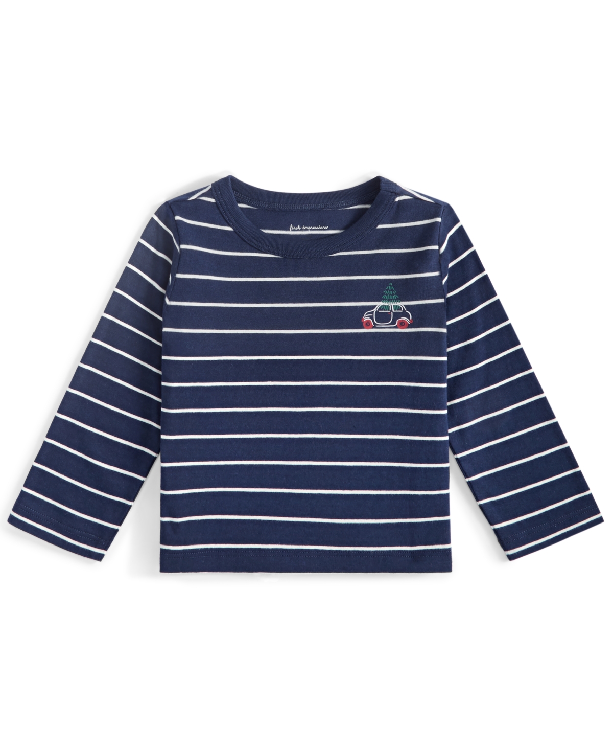 First Impressions Baby Boys Joey Holiday Car-print Stripe Long-sleeve T-shirt, Created For Macy's In Navy Sea