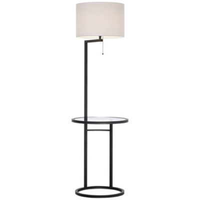 Space Saver Modern Floor Lamp with Tray Table 62" Tall Black Metal White Fabric Drum Shade for Living Room Bedroom Office House Home