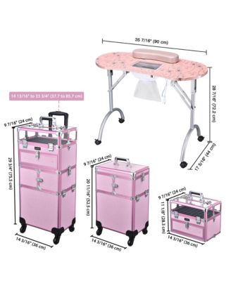 Folding Manicure Nail Table 2in1 Rolling Makeup Train Case Kit Manicure Cosmetic Trolley Travel Organizer Nail Case, Pink