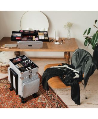 3in1 Soft Sided Rolling Makeup Case Cosmetic With Removable Divider For Makeup Artist Nail Artist Glitter Silver