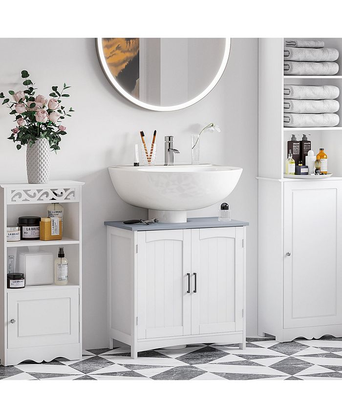Kleankin Pedestal Sink Storage Cabinet, Under Sink Cabinet with Double Doors, Modern Bathroom ...