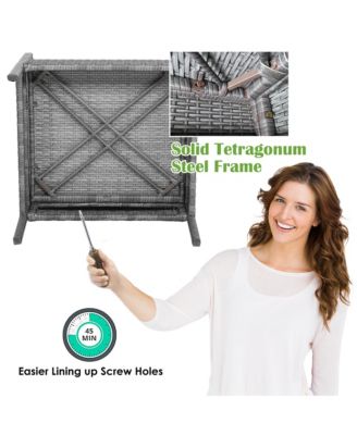 8PCS Patio Rattan Furniture Set Cushioned Chair Wooden Tabletop Gray