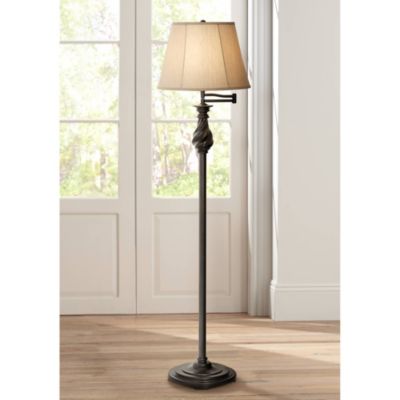 Traditional Swing Arm Floor Lamp 58" Tall Painted Black Bronze Swirl Font Faux Silk Beige Shade for Living Room Reading Office