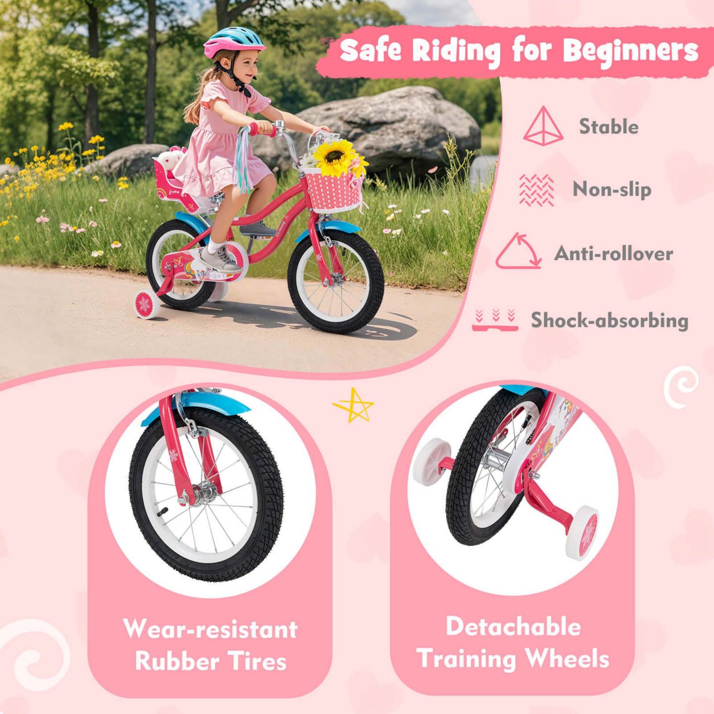 Детская игрушка Costway Brighter Youth I 18" Kids Bicycle with Training Wheels, 145-lb Capacity, Ages 4-8, цвет: Розовый — фото 5