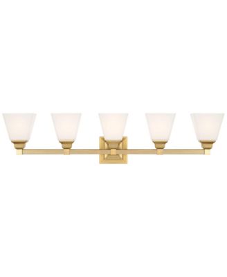 Mencino-Opal Modern Wall Mount Light Warm Brass Gold Metal Hardwired 35 1/4" Wide 5-Light Fixture Etched White Glass Shades for Bathroom Vanity Mirror House Home Room Decor