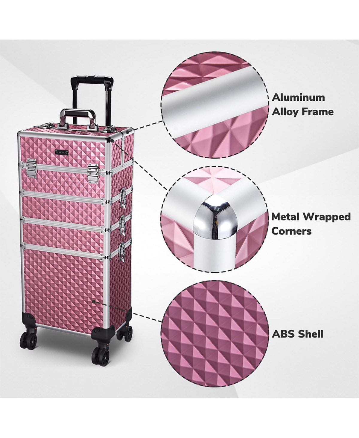 Byootique Antique Pink Rolling Makeup Case 4in1 Cosmetic Trolley Organizer Lockable