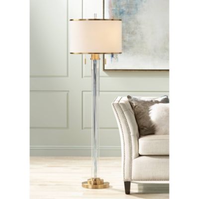 Cadence Modern Floor Lamp Standing 62" Tall Crystal Glass Column Satin Brass Linen Drum Shade for Living Room Bedroom Office House