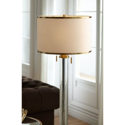 Cadence Modern Floor Lamp Standing 62" Tall Crystal Glass Column Satin Brass Linen Drum Shade for Living Room Bedroom Office House