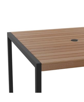 Faux Teak Outdoor Dining Table With Powder Coated Steel Frame And Umbrella Hole