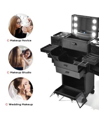 Pro Rolling Makeup Case Aritist Cosmetics w/ Lights Mirror Studio Black