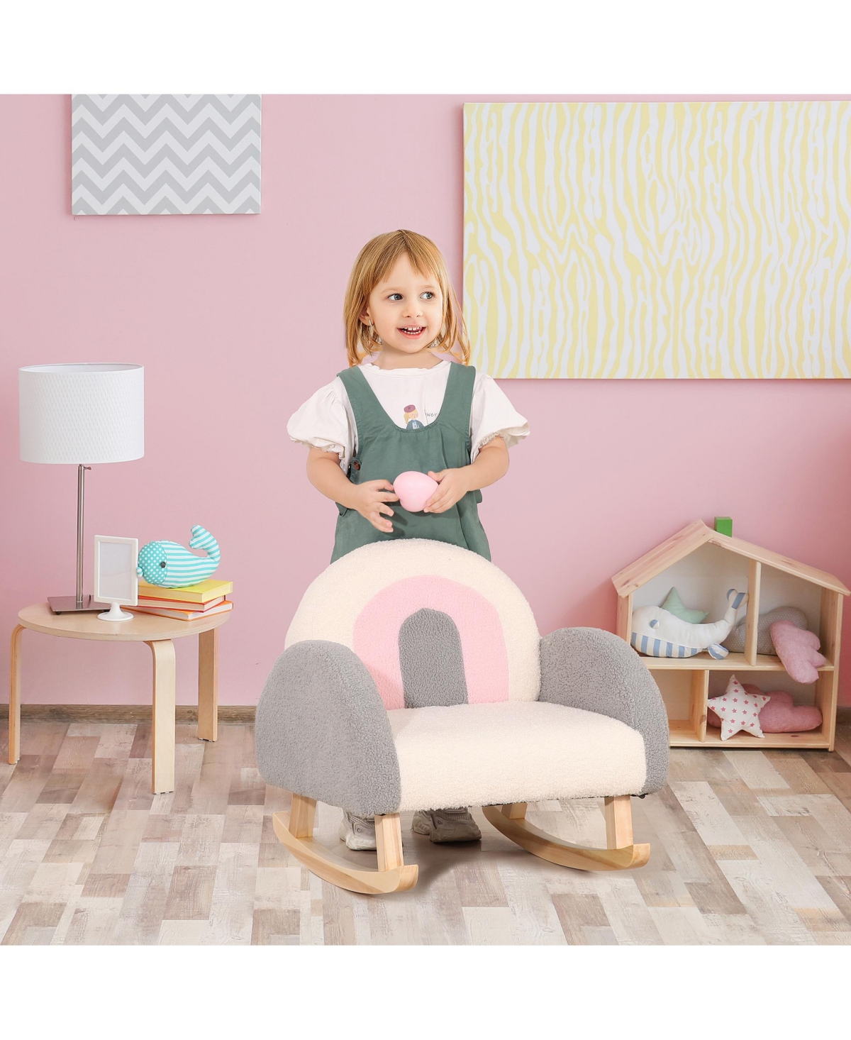 Qaba Kids Sofa, Rocking Toddler Sofa Chair with Solid Wooden Frame, Faux Lamb Fleece Fabric, Arm for Nursery or Playroom, Ages 3-5 Years Ol