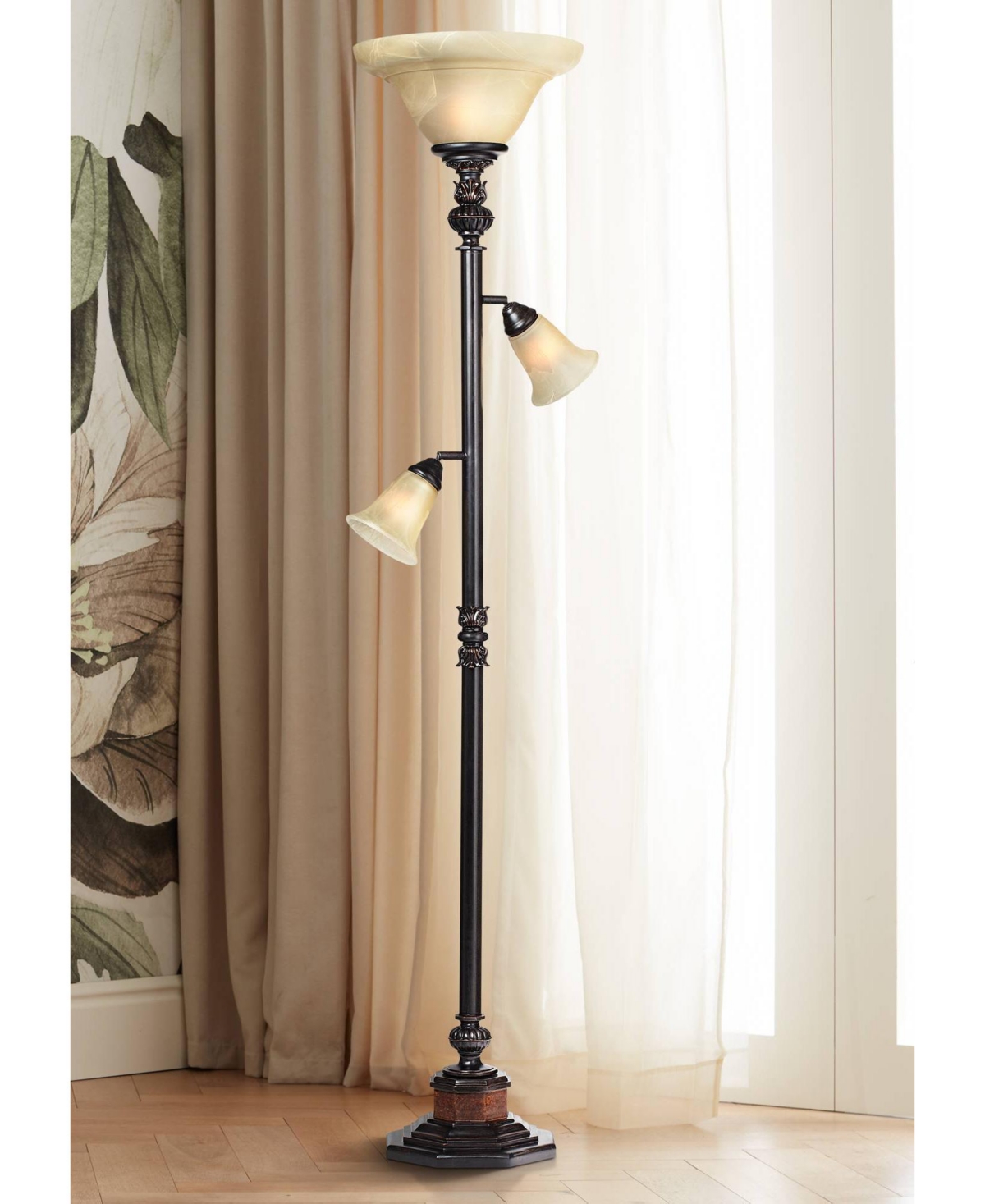Kathy Ireland Sonnett Industrial Vintage like Tree Torchiere Floor Lamp Standing Tall BronzeChampagne Alabaster Glass Shade for Living Room