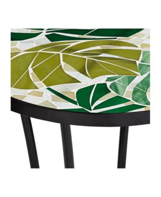 Modern Black Metal Round Outdoor Accent Side Table 14" Wide Green Leaf Mosaic Tabletop for Front Porch Patio Home House