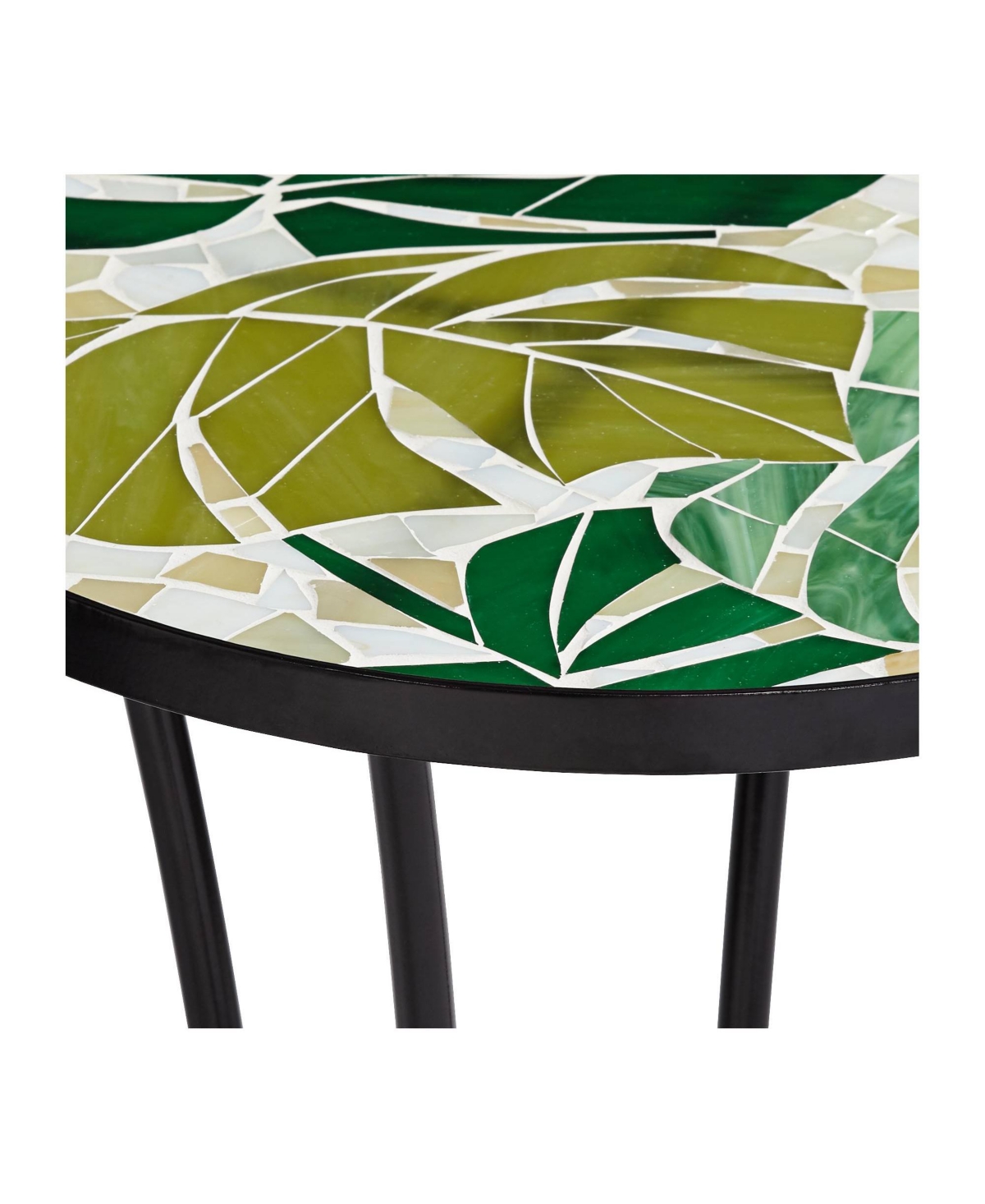 Teal Island Designs Tropical Leaves Black Metal Round Outdoor Accent Side Table WideMosaic Tabletop Gracefully Curved Legs for Spaces Front