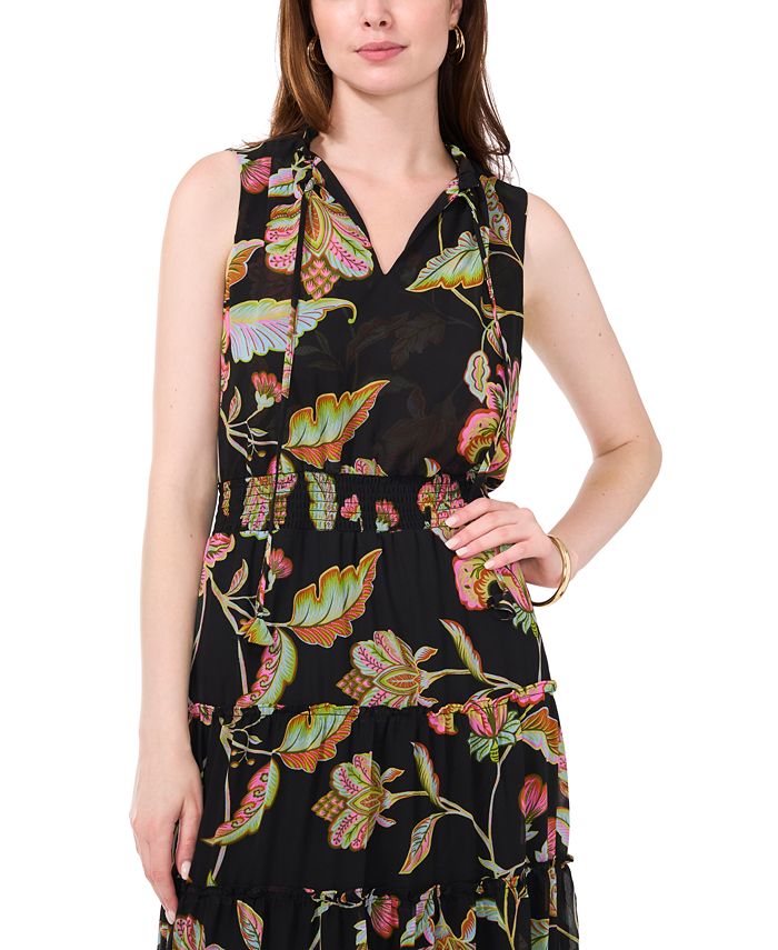 msk sleeveless tie neck tiered maxi dress