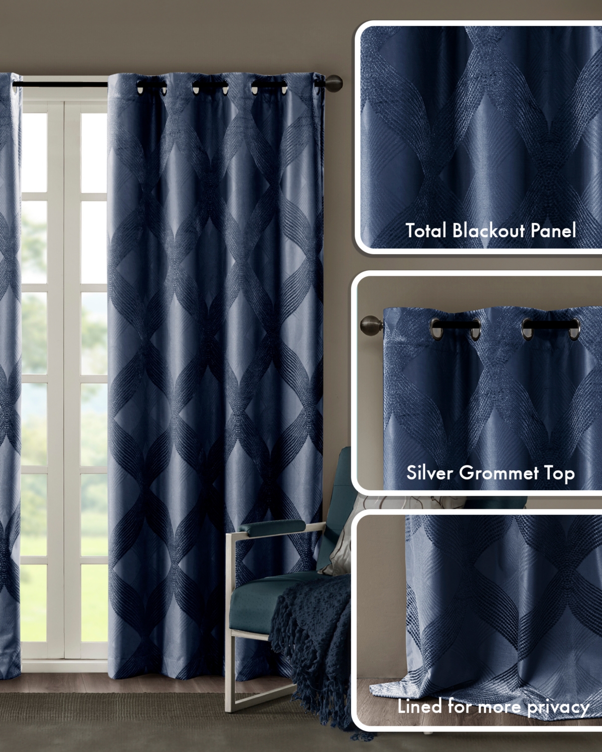 SunSmart Bentley Ogee Knitted Jacquard Total blackout curtains for bedroom, Silver grommet top fit up to 1.25 inches rod Single Curtain Panel for Livi
